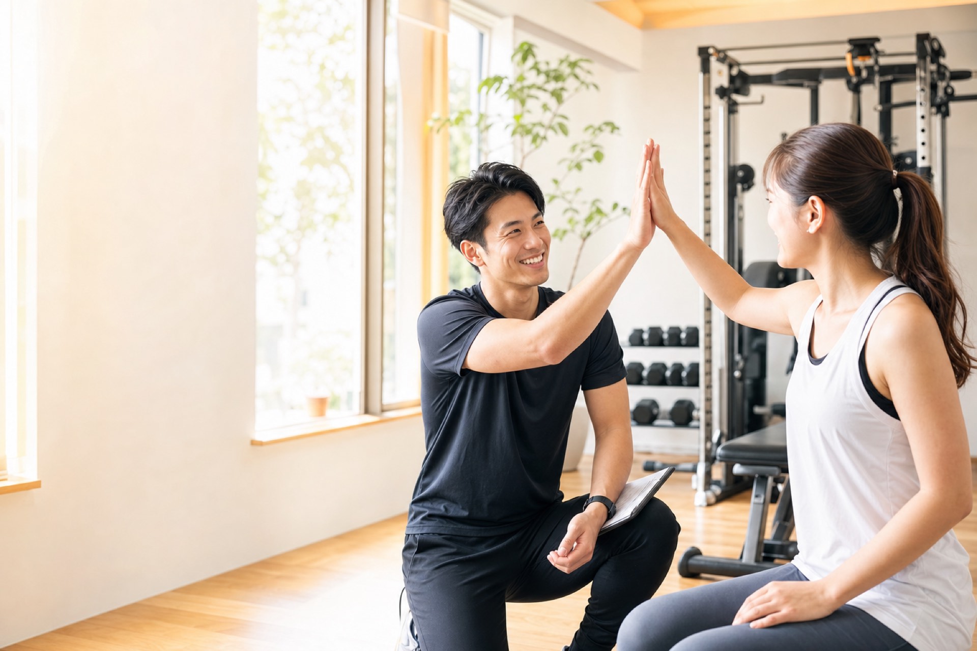 トレーナーとお客様がハイタッチする様子